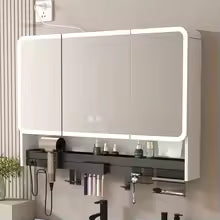 Digital Touchscreen Smart Mirror, Anti-Fog, Illuminated Cabinet, Modern Design, Wooden Material, Suitable for Bathroom, Dorm, Home