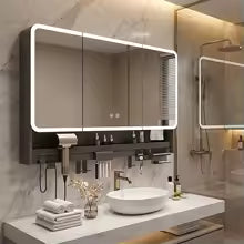 Digital Touchscreen Smart Mirror, Anti-Fog, Illuminated Cabinet, Modern Design, Wooden Material, Suitable for Bathroom, Dorm, Home