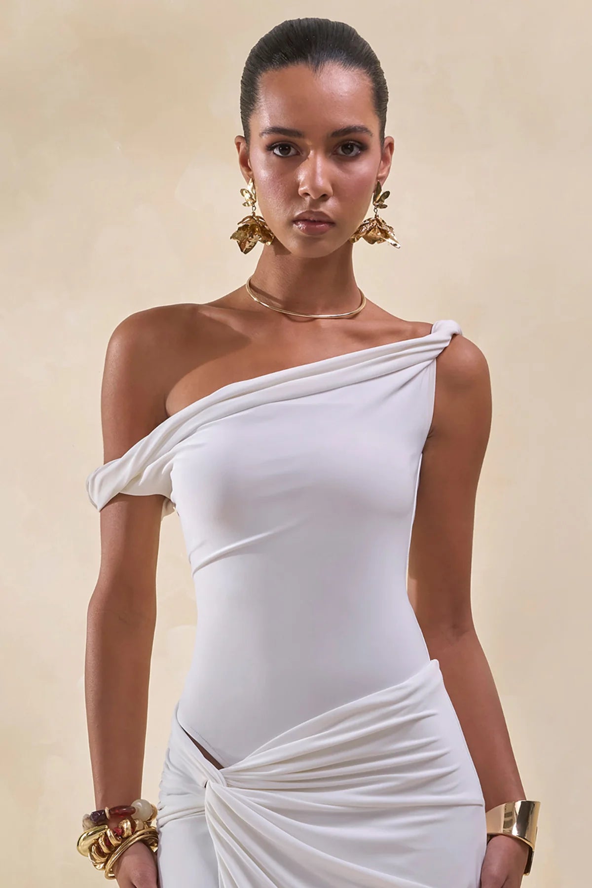 Club L London White One-Shoulder Draped Ruched Midi Dress
