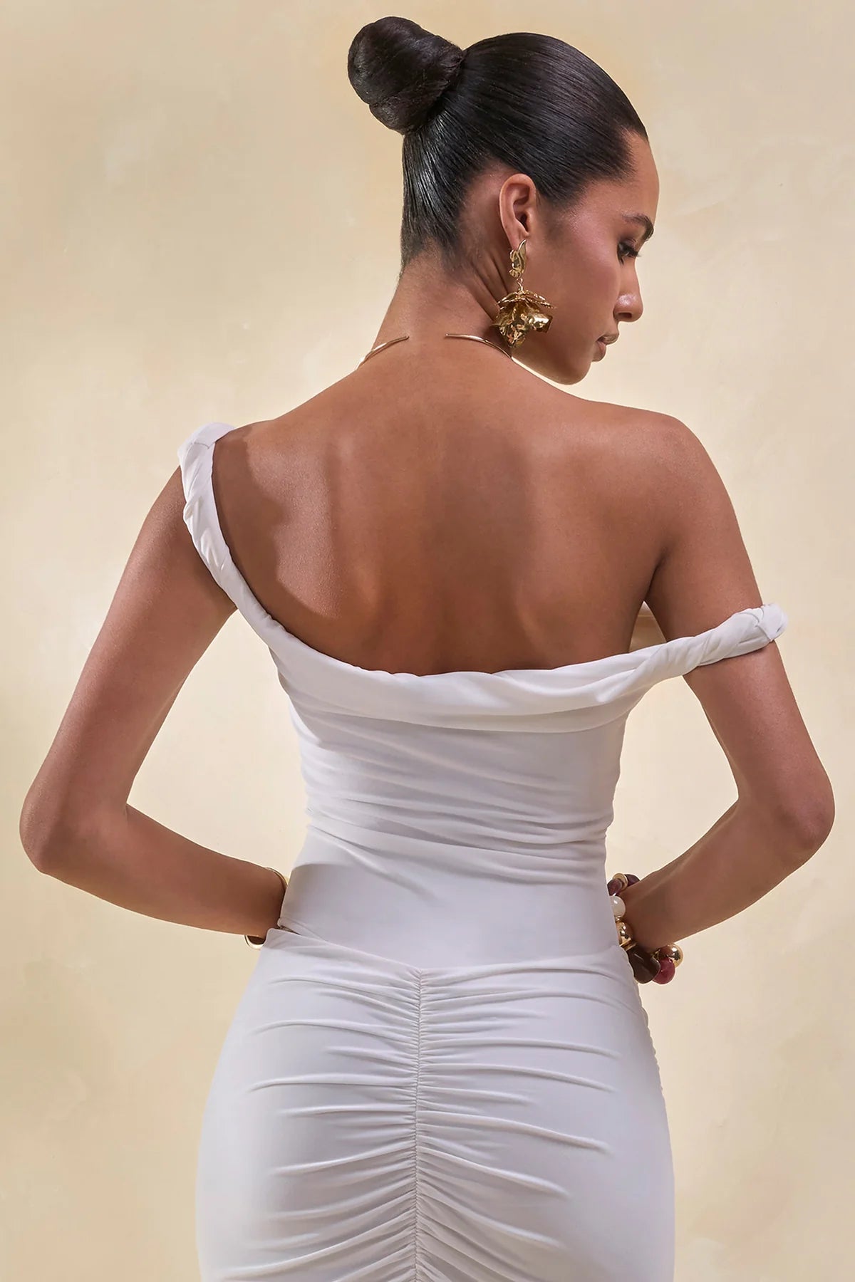 Club L London White One-Shoulder Draped Ruched Midi Dress