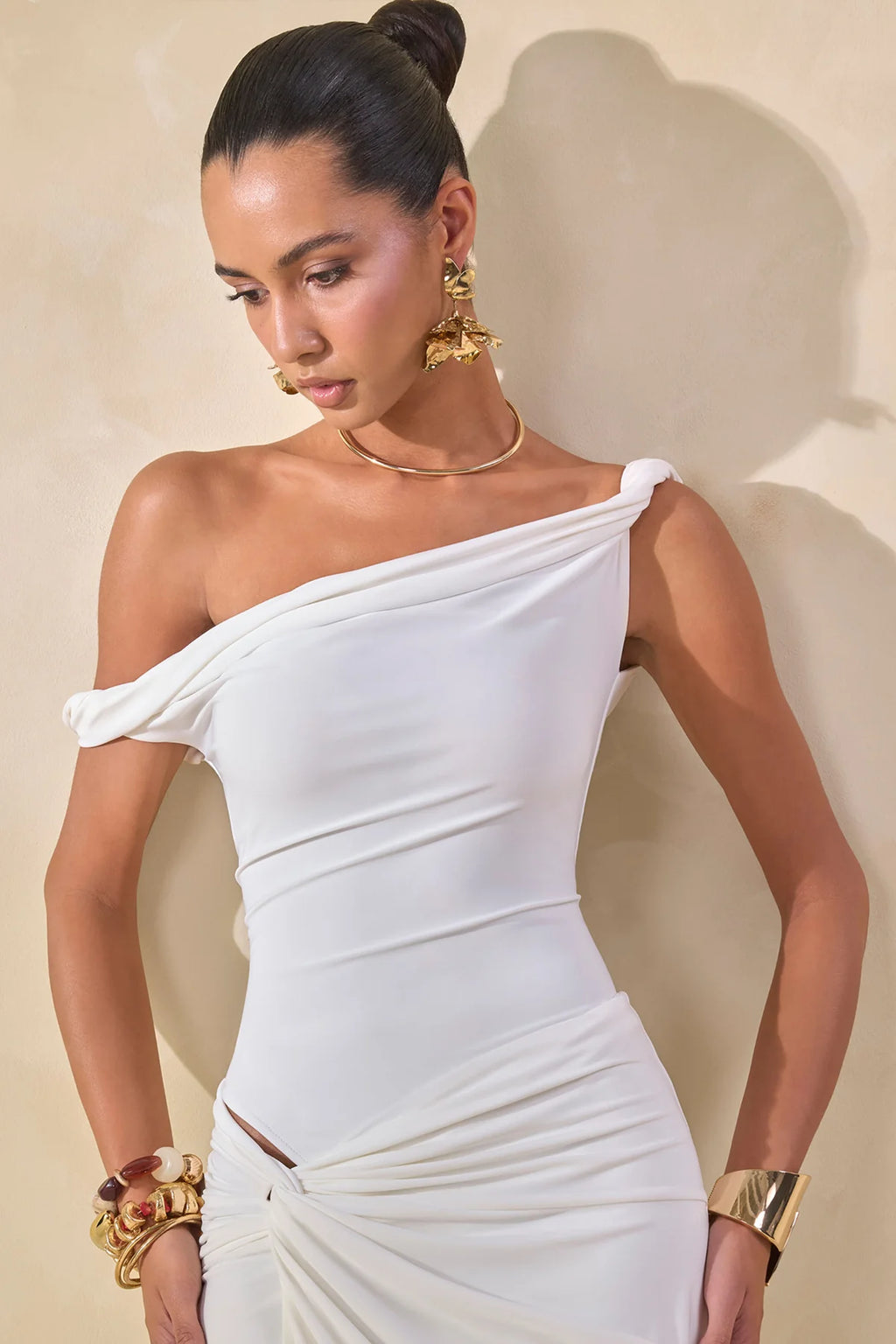 Club L London White One-Shoulder Draped Ruched Midi Dress