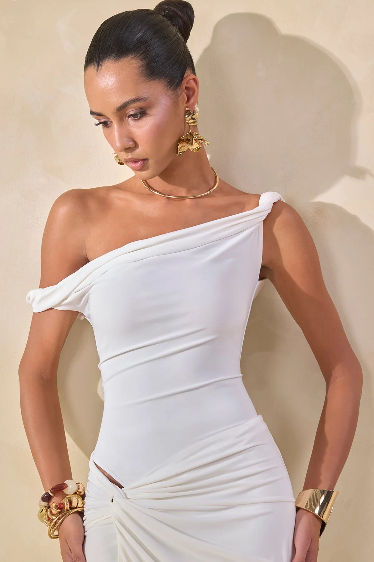Club L London White One-Shoulder Draped Ruched Midi Dress