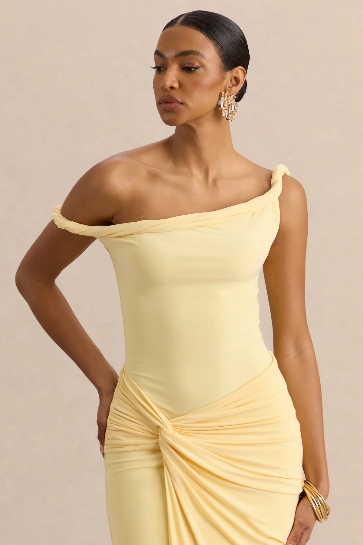 Club L London White One-Shoulder Draped Ruched Midi Dress
